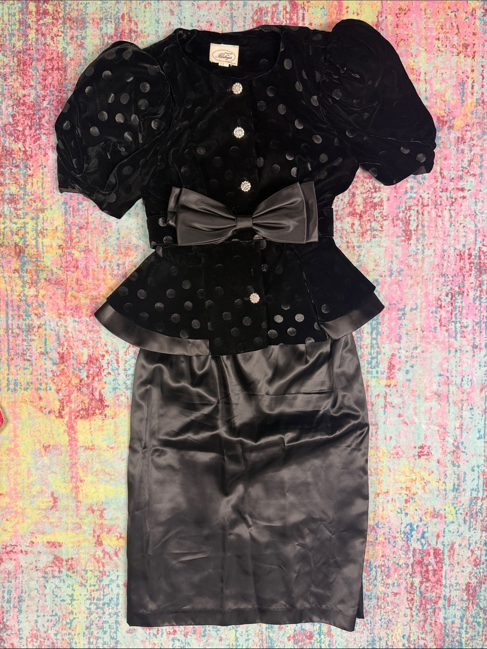 Vintage-Inspired Black Velvet Polka Dot Dress Set with Satin Bow